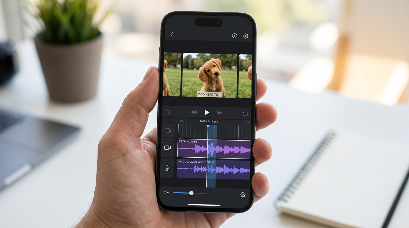 Smartphone screen showing a video editing timeline syncing a dog's head tilt with a custom audio track.