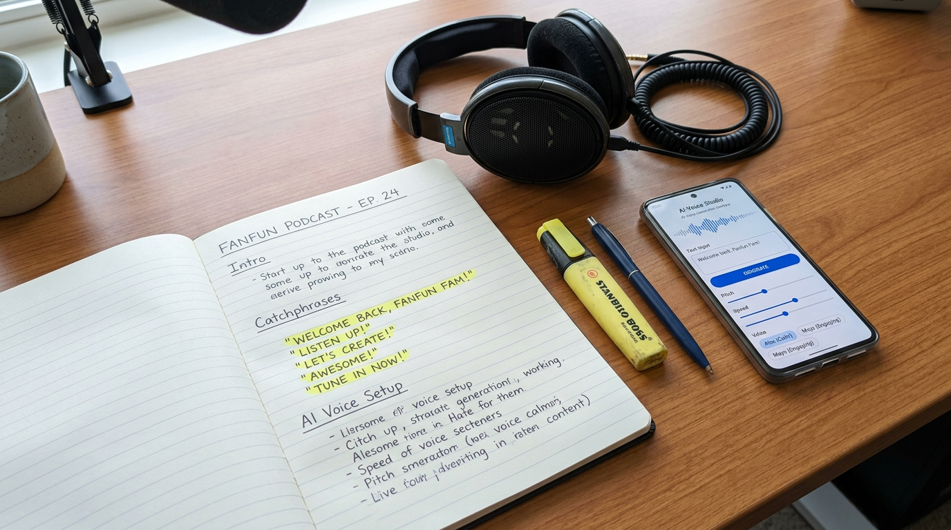 A content creator's desk showing a script, headphones, and a mobile phone displaying an AI voice generator app.