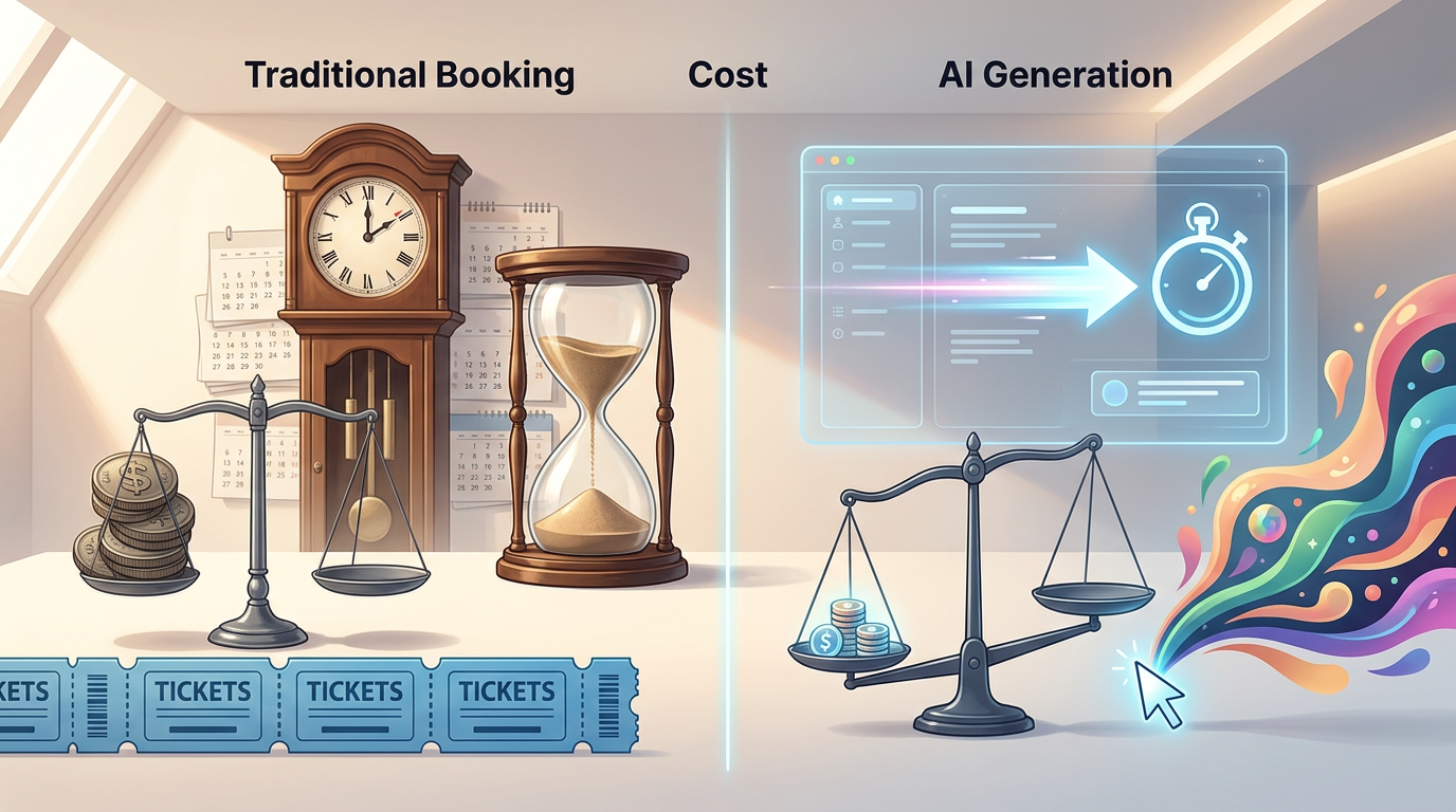 Comparison chart showing AI generation is faster and more customizable than traditional celebrity booking.