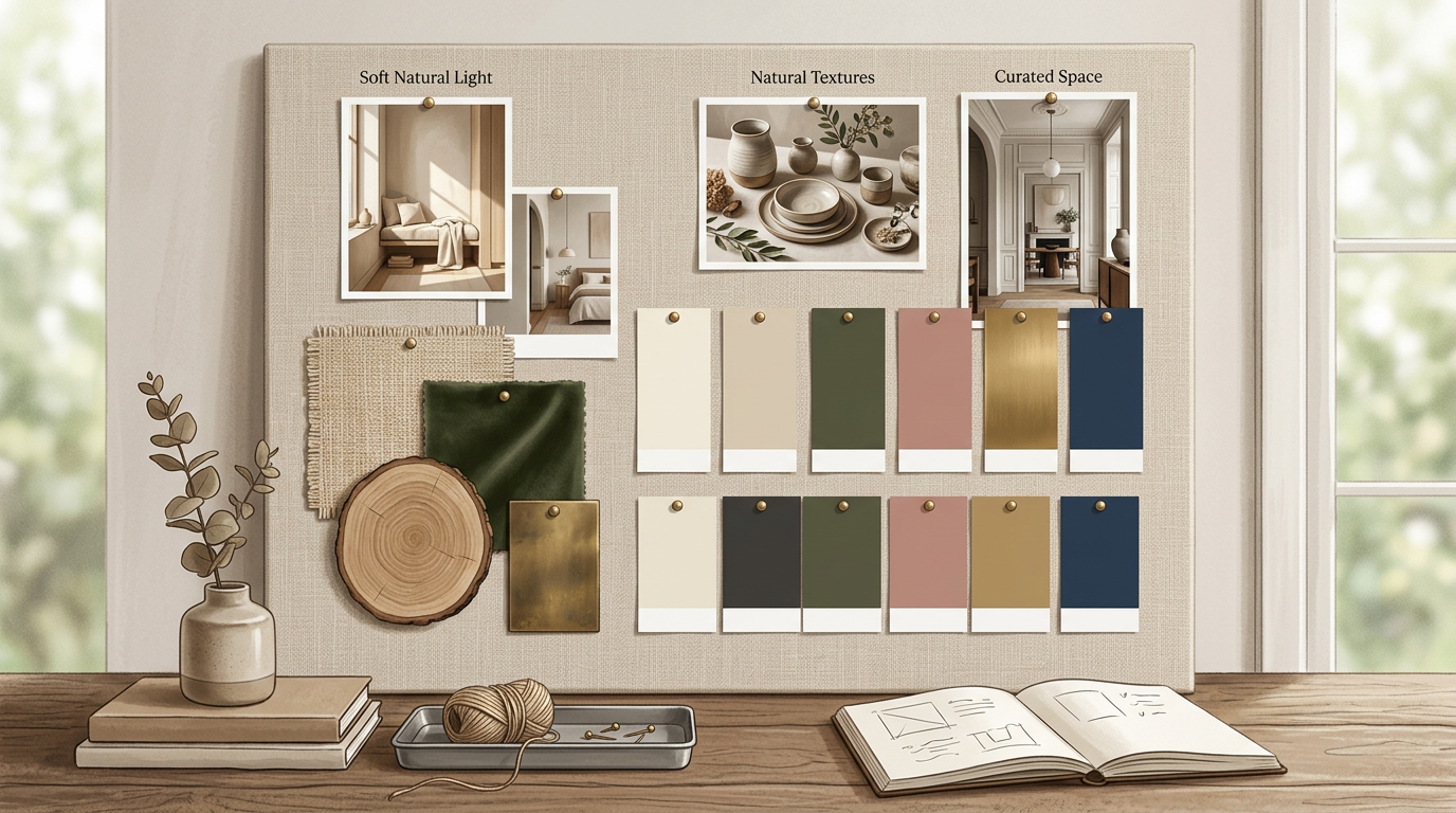 A digital mood board showcasing the visual elements of the Melissa Vandella persona including soft lighting and luxury textures.