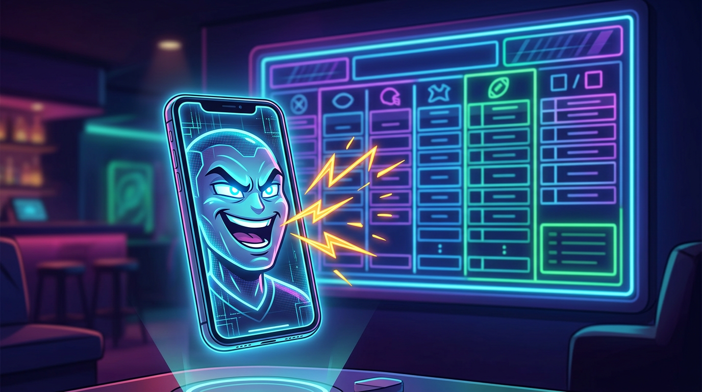 A digital smartphone displaying an AI avatar delivering a trash-talk video in front of a fantasy football draft board.