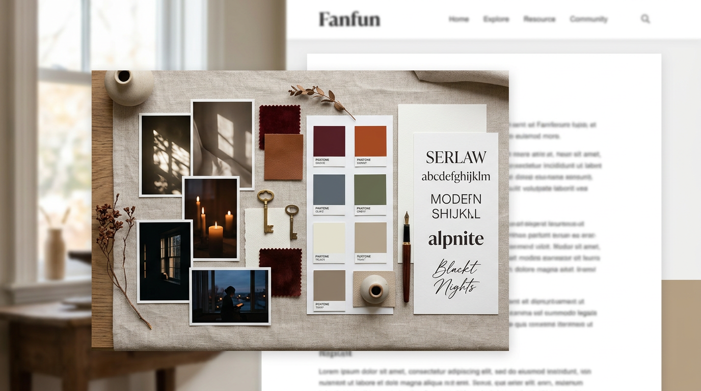 A mood board showcasing bold colors, sharp lighting, and aesthetic design elements for digital creators.