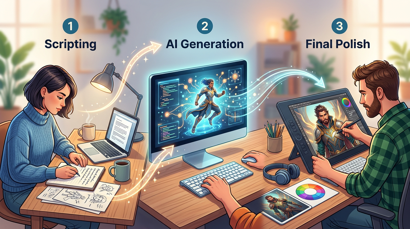 An infographic showing the three steps of creating AI-driven audio content.