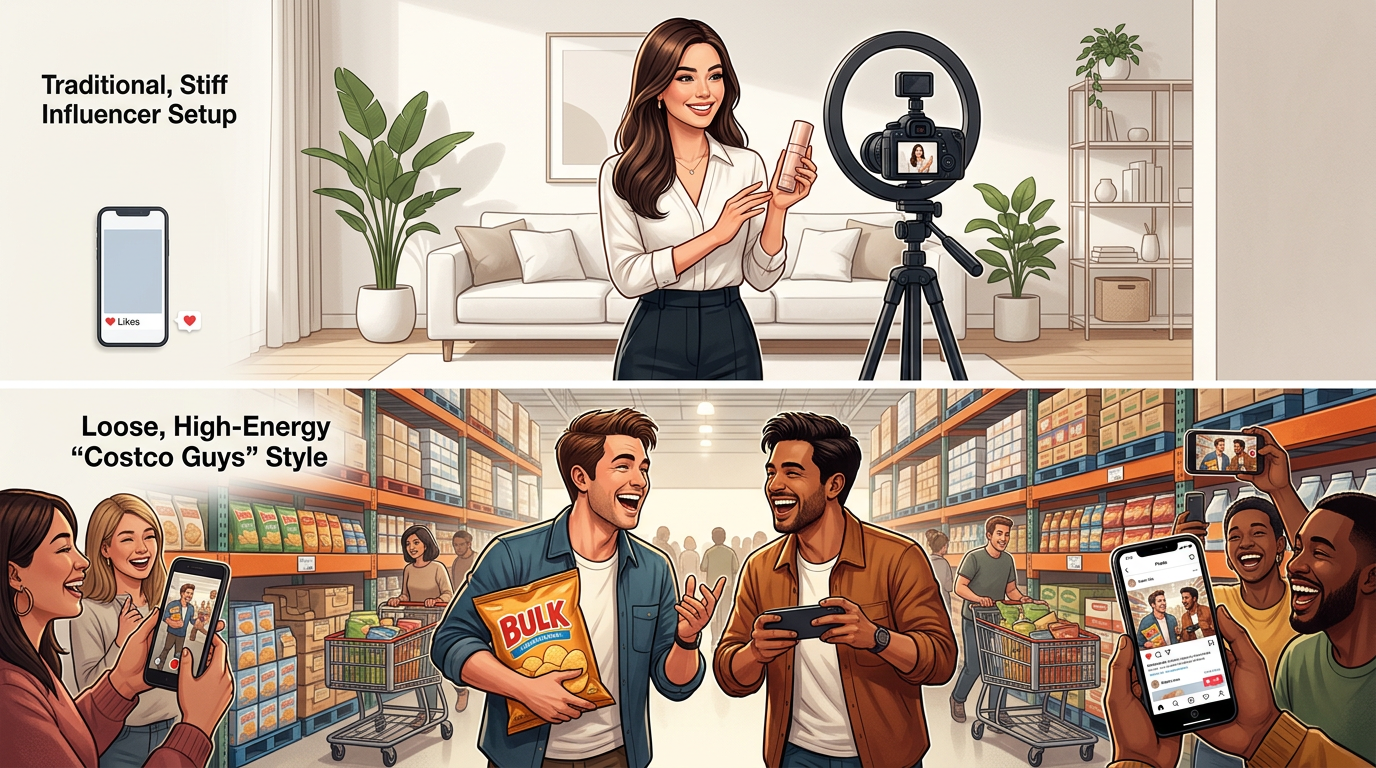Comparison between traditional influencer content and high-energy viral review formats.
