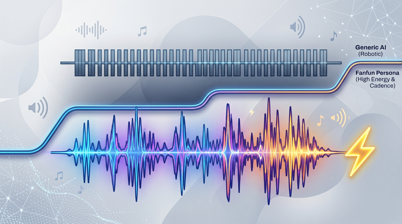 Comparison of a flat generic AI audio waveform versus a dynamic, high-energy AI persona waveform.