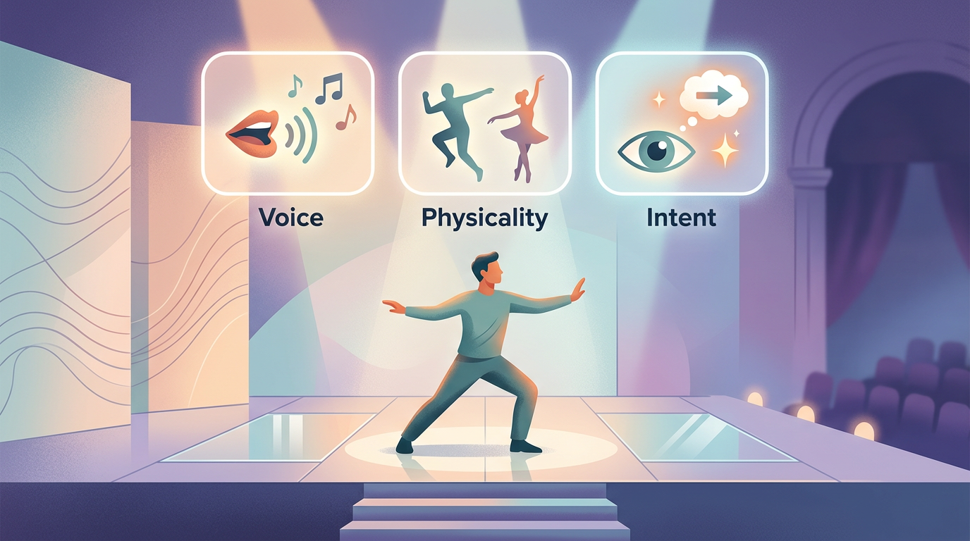 Infographic showing the three pillars of character performance: Voice, Physicality, and Intent.