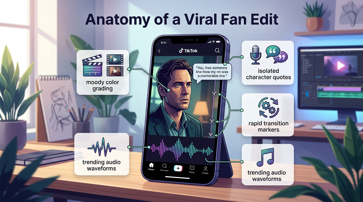 Infographic breaking down the visual and audio elements of a viral character fan edit on social media.