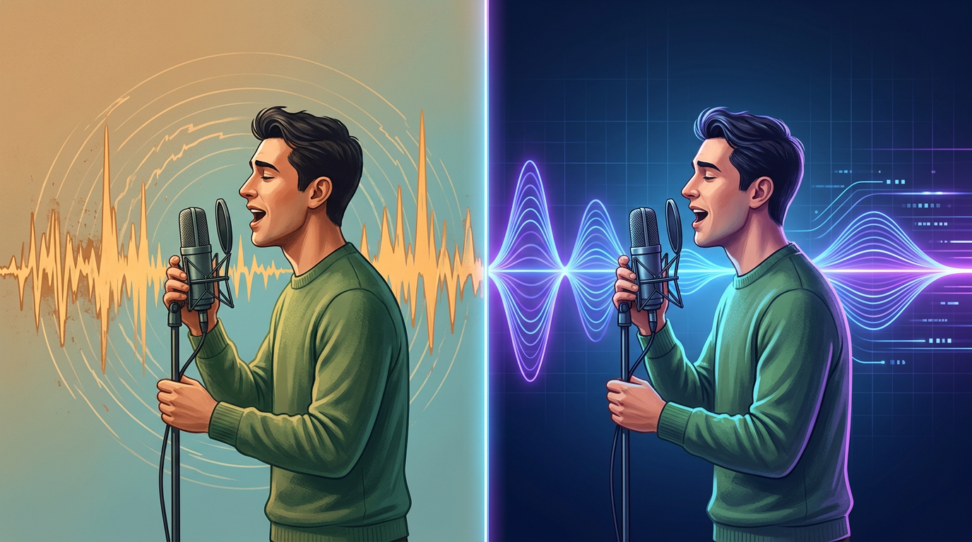 Visual comparison of raw audio waveforms and processed AI voice waveforms.