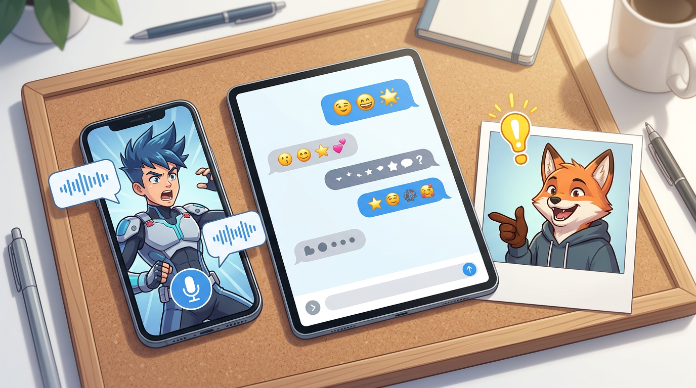 Examples of creative content generated using AI character voices and interactive tools.