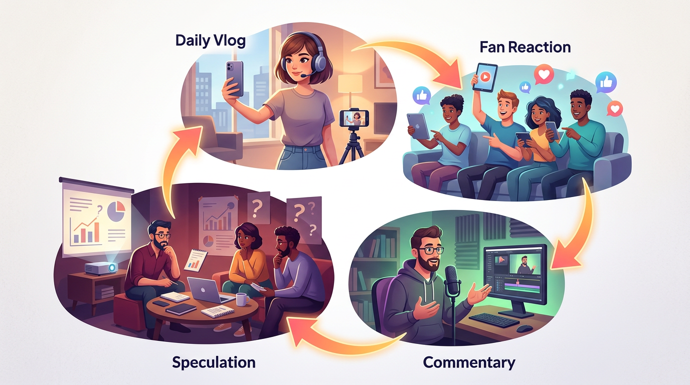 An infographic diagram labeled The Content Loop illustrating the cycle of vlogs, reactions, and audience speculation.