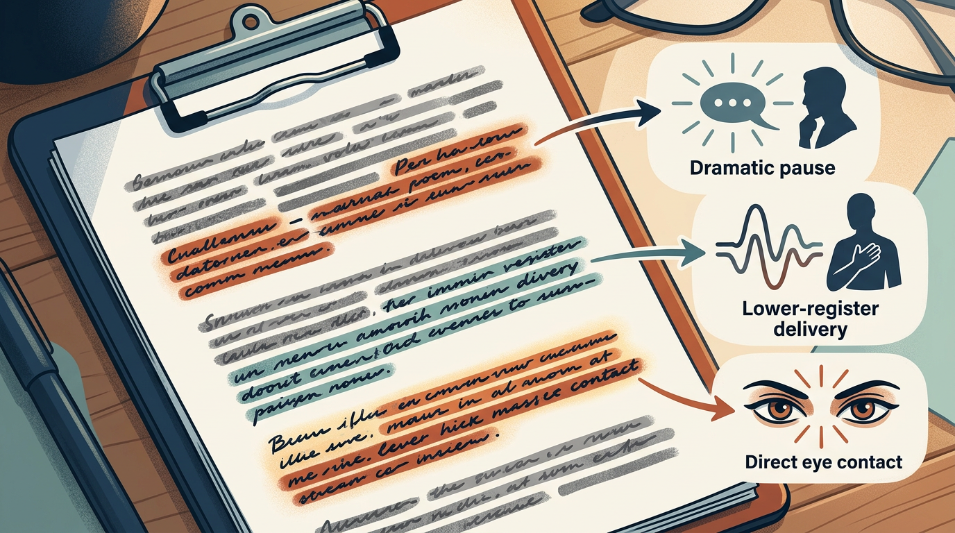 A director's script annotated with tips for delivering a gritty, tough-love voiceover.