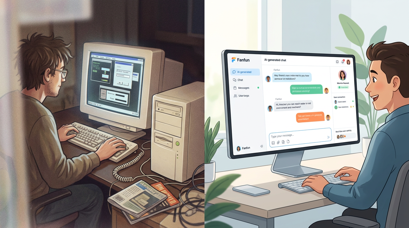 Comparison of static internet content vs modern interactive AI persona interfaces.