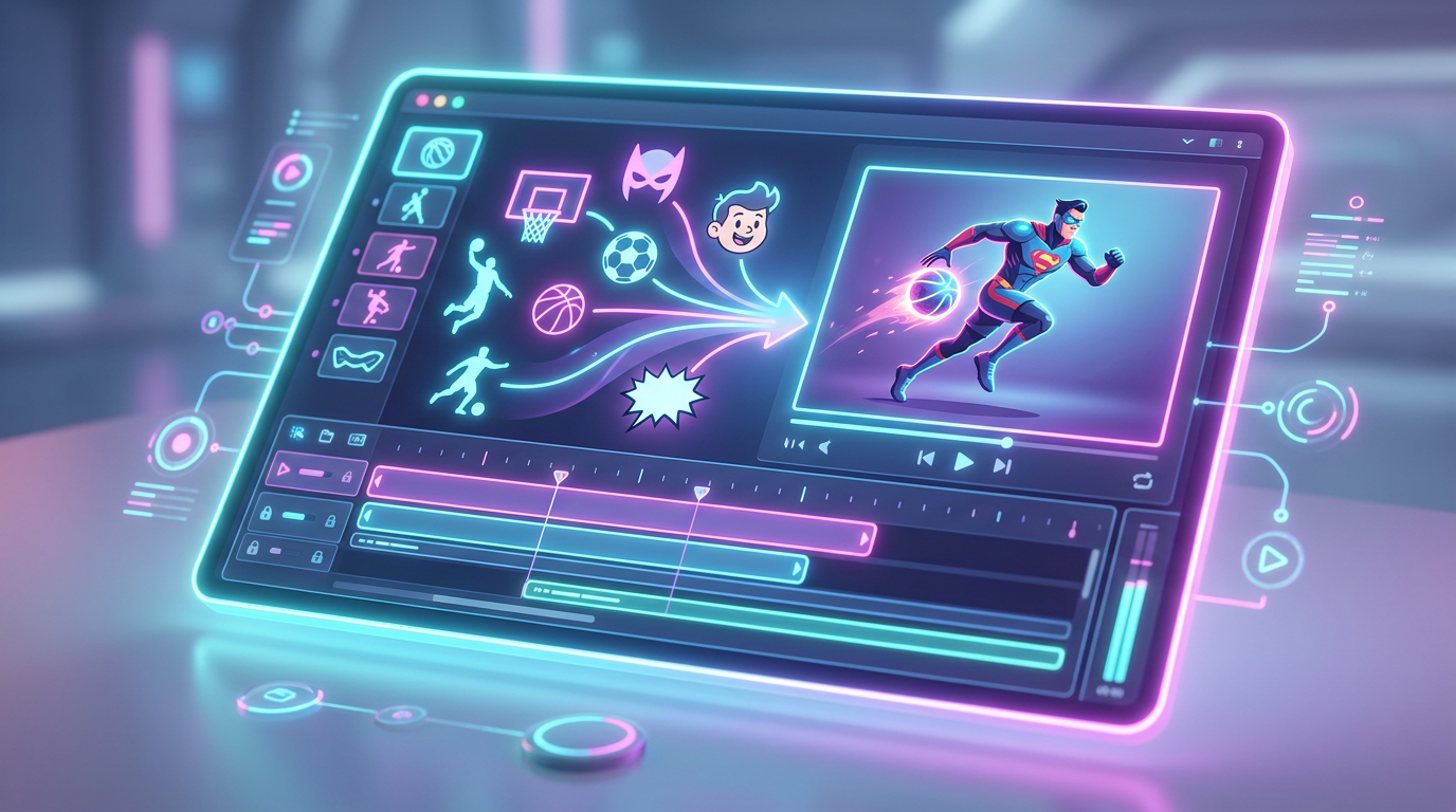 A digital video editing interface showing AI character generation and sports crossovers.