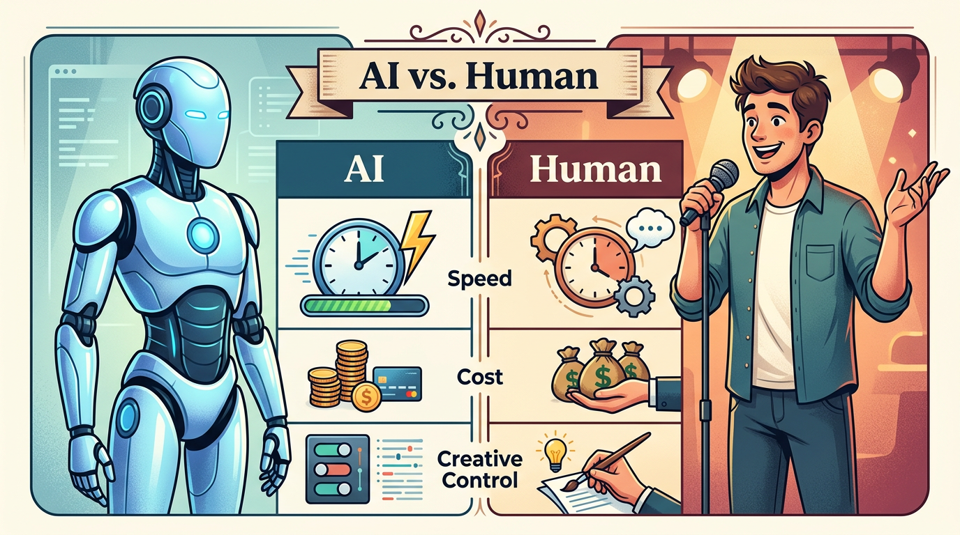 A comparison table outlining the benefits of AI comedy tools versus hiring traditional human performers.