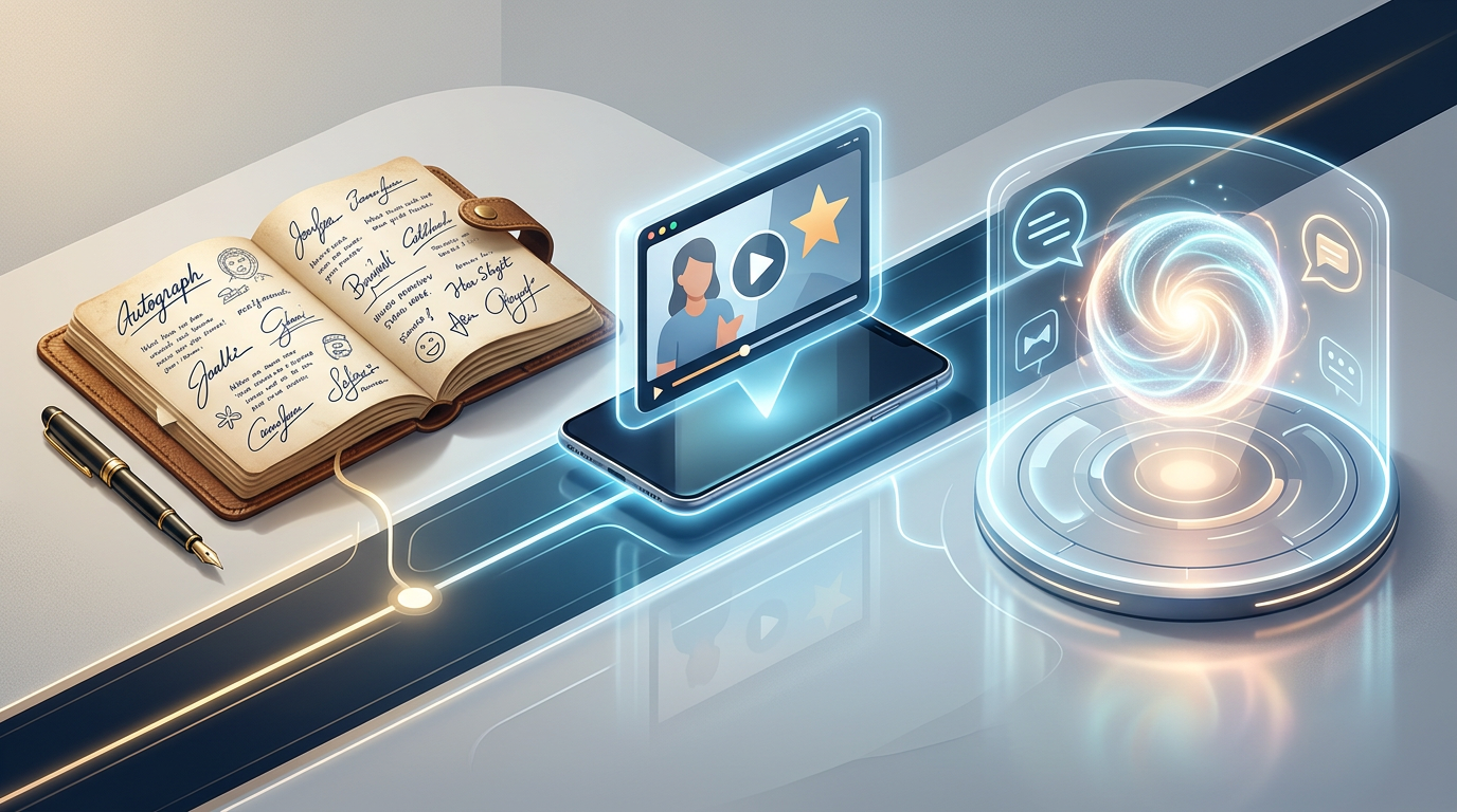 Infographic timeline showing the progression from physical autographs to personalized digital video and AI chat interactions.