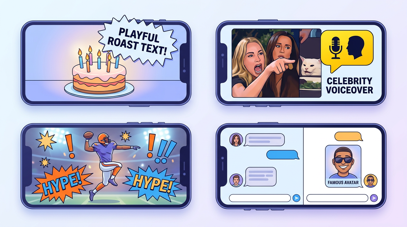 Four smartphone screens showing different AI voice use cases: birthday roasts, viral memes, sports promos, and interactive chat.