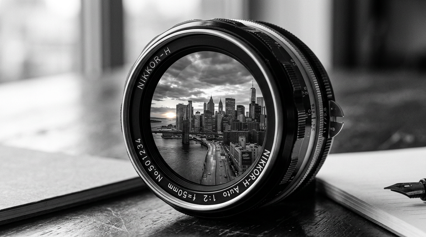 Vintage camera lens reflecting a modern urban environment, representing the intersection of old-school craft and new-school technology.