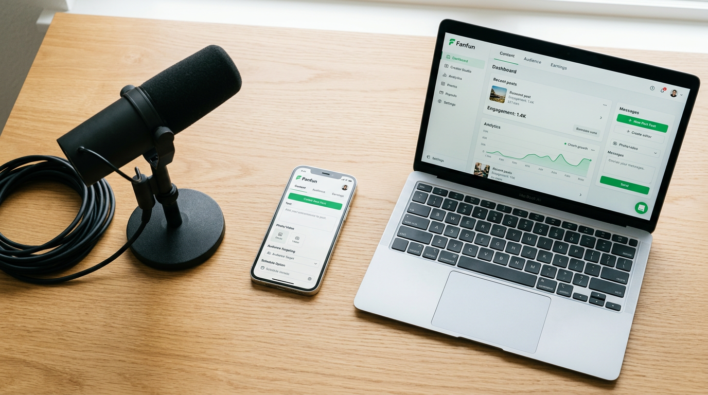 A modern content creator's desk setup featuring AI tools.
