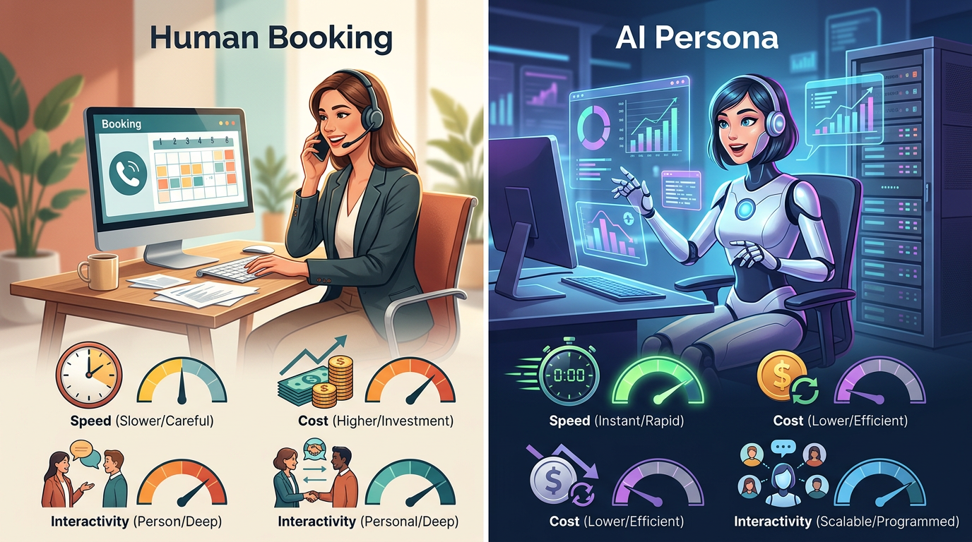 Comparison table graphic between human booking platforms and AI persona tools.