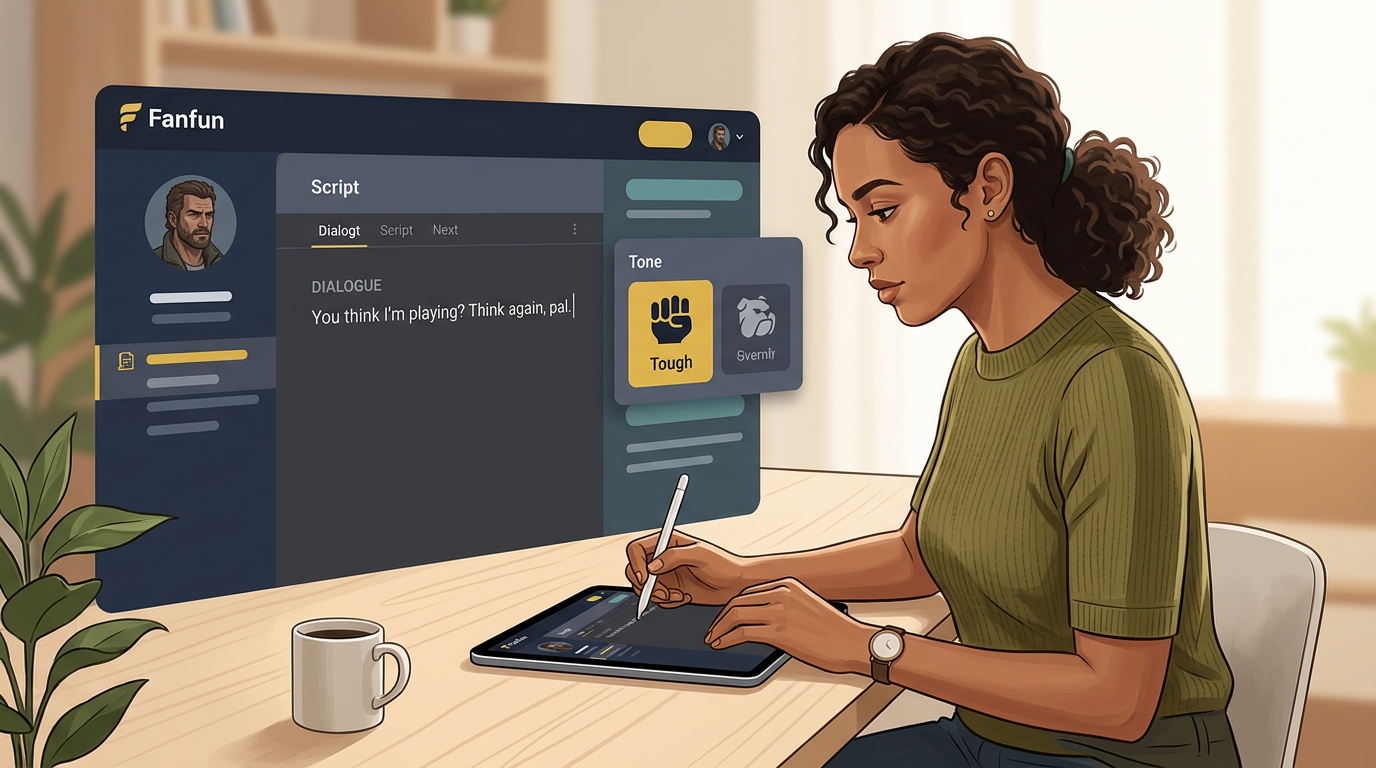 A user interface example showing how to input custom dialogue for an AI persona on the Fanfun platform.