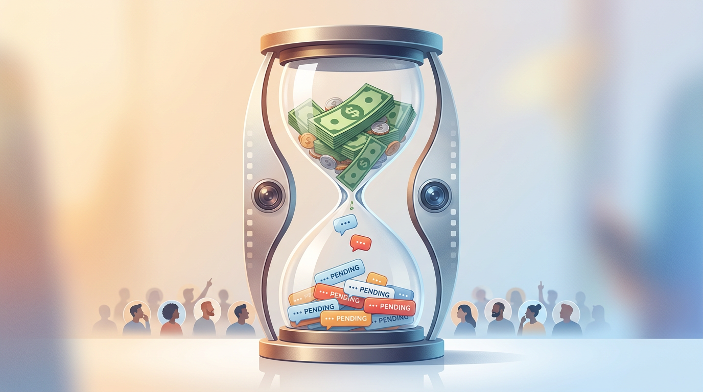 An hourglass filled with money and pending notifications illustrating the delays of traditional personalized video platforms.