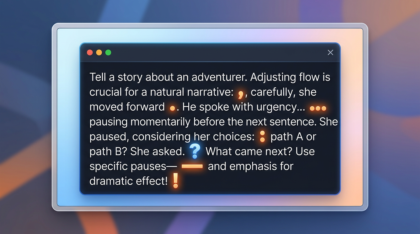 A close-up of a text editor showing how punctuation affects AI voice cadence.