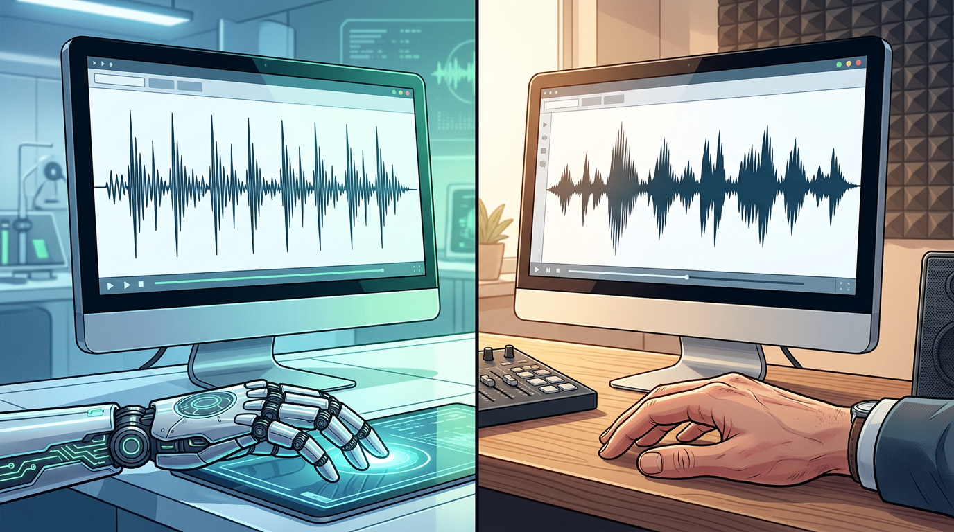 Comparison graphic showing the difference between flat, robotic AI audio and nuanced, performance-driven AI waveforms.