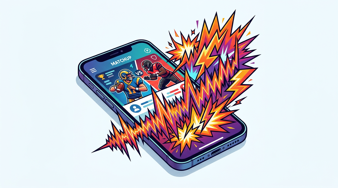 An illustration of a smartphone showing a fantasy football app with an audio wave exploding from the speaker.