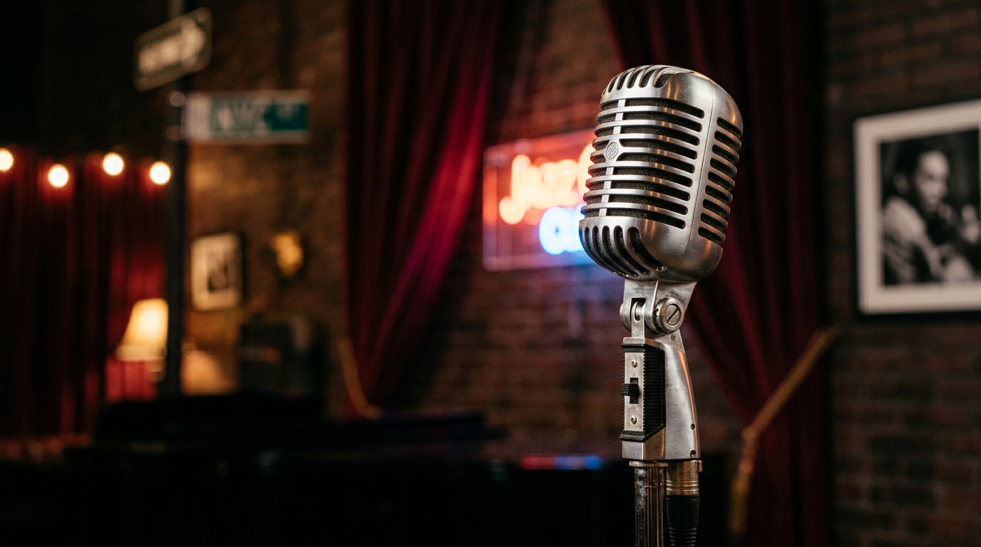A stylized microphone set against a colorful, retro-inspired background representing vocal performance.