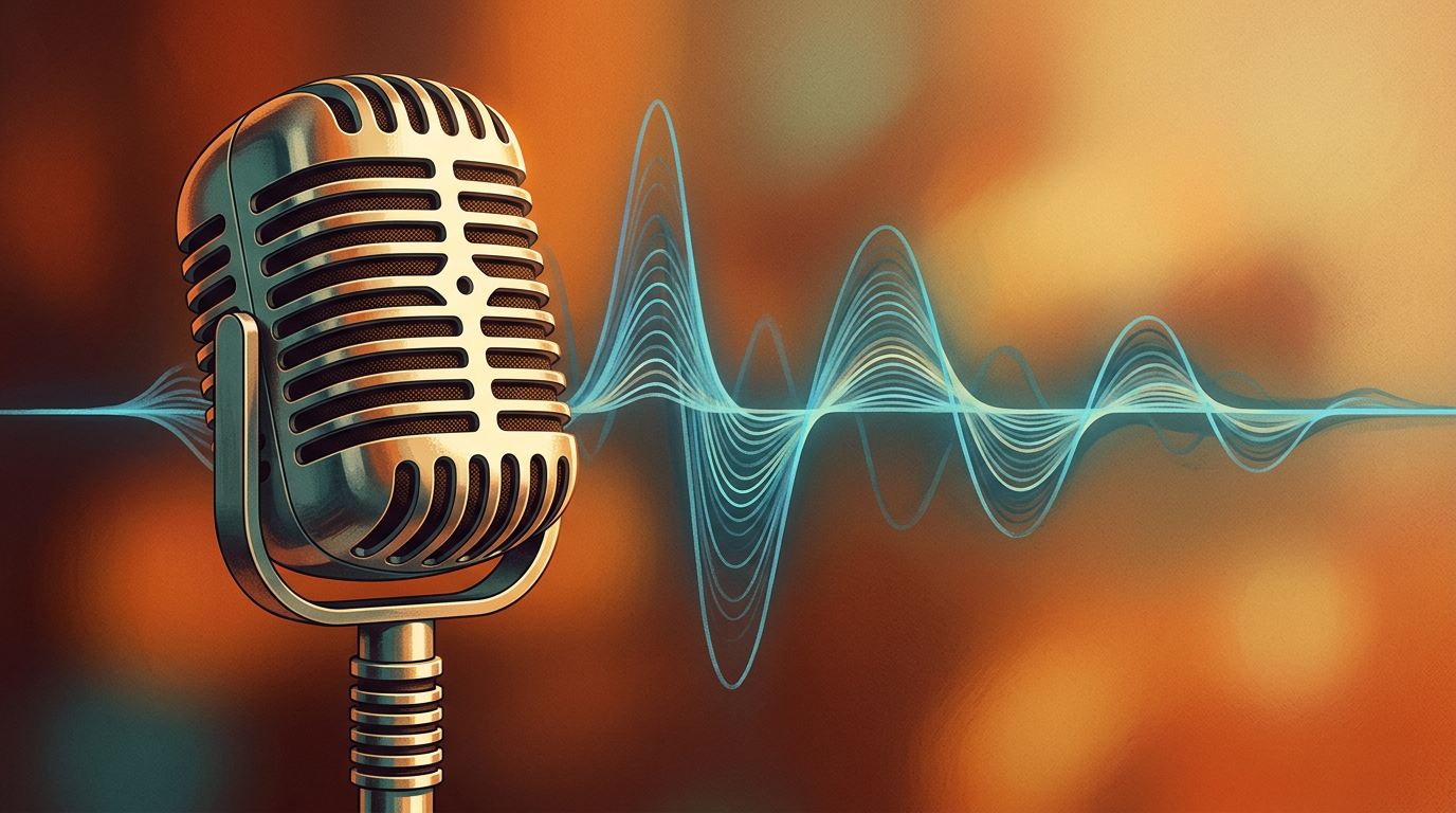 A creative illustration combining a vintage microphone with a modern digital audio waveform.