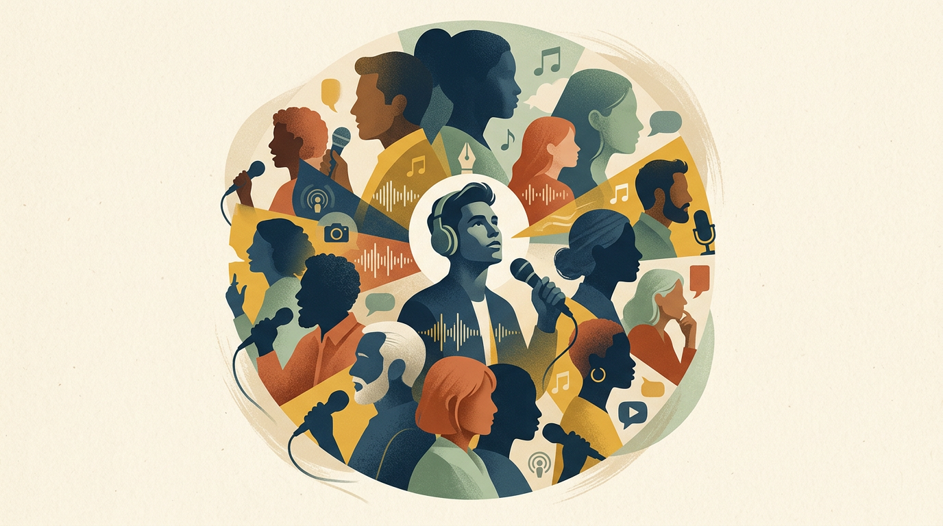 A creative collage of different voice archetypes including political leaders, athletes, and cartoon characters.