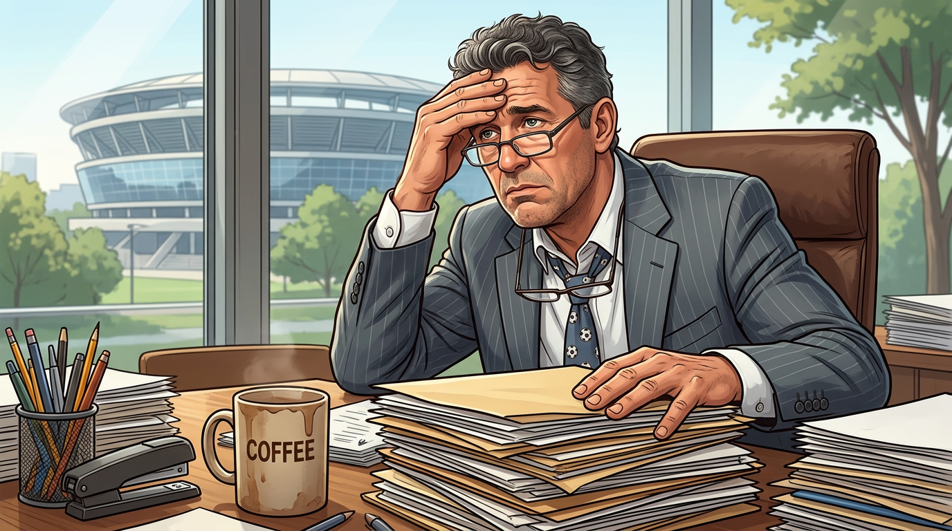 A famous athlete persona looking relatable and stressed in a mundane office environment.