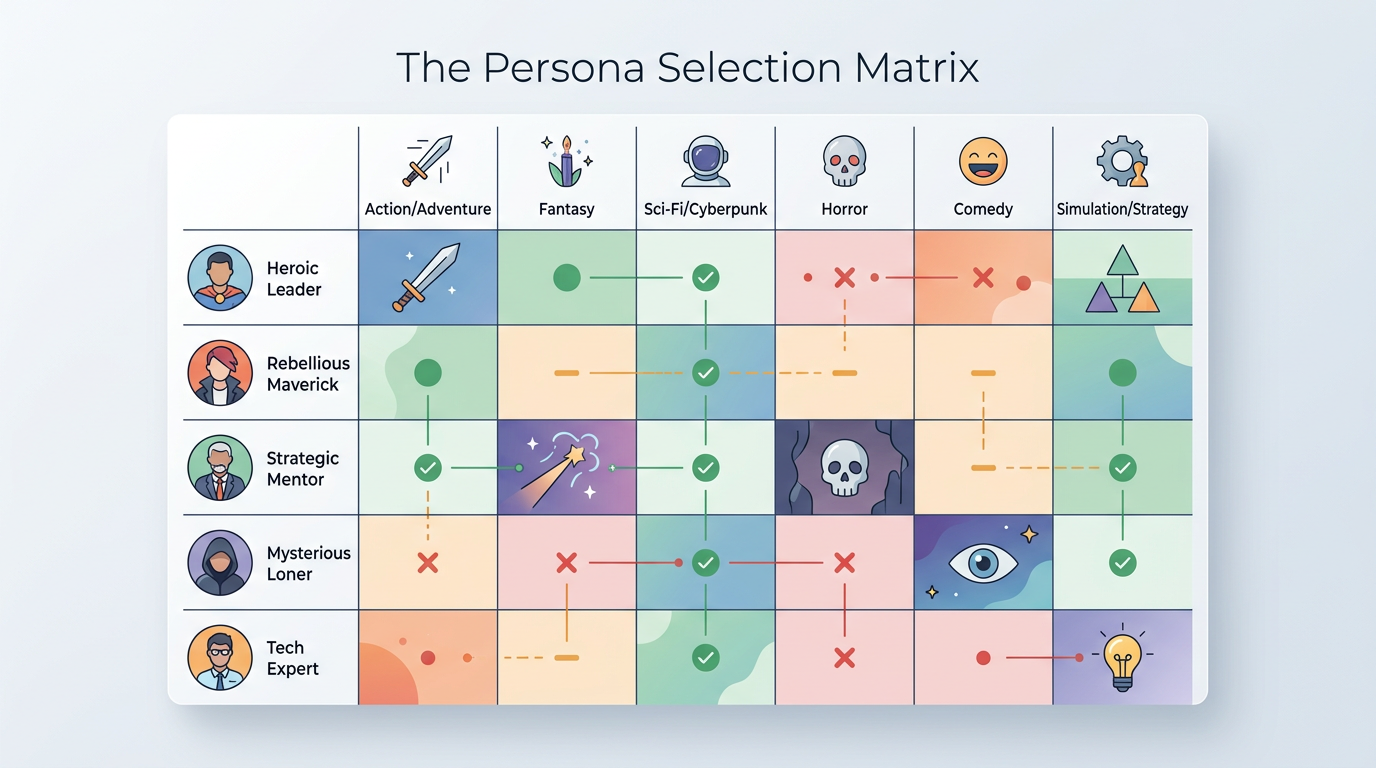 An infographic table helping content creators select the right AI voice persona based on their video genre and desired emotional impact.