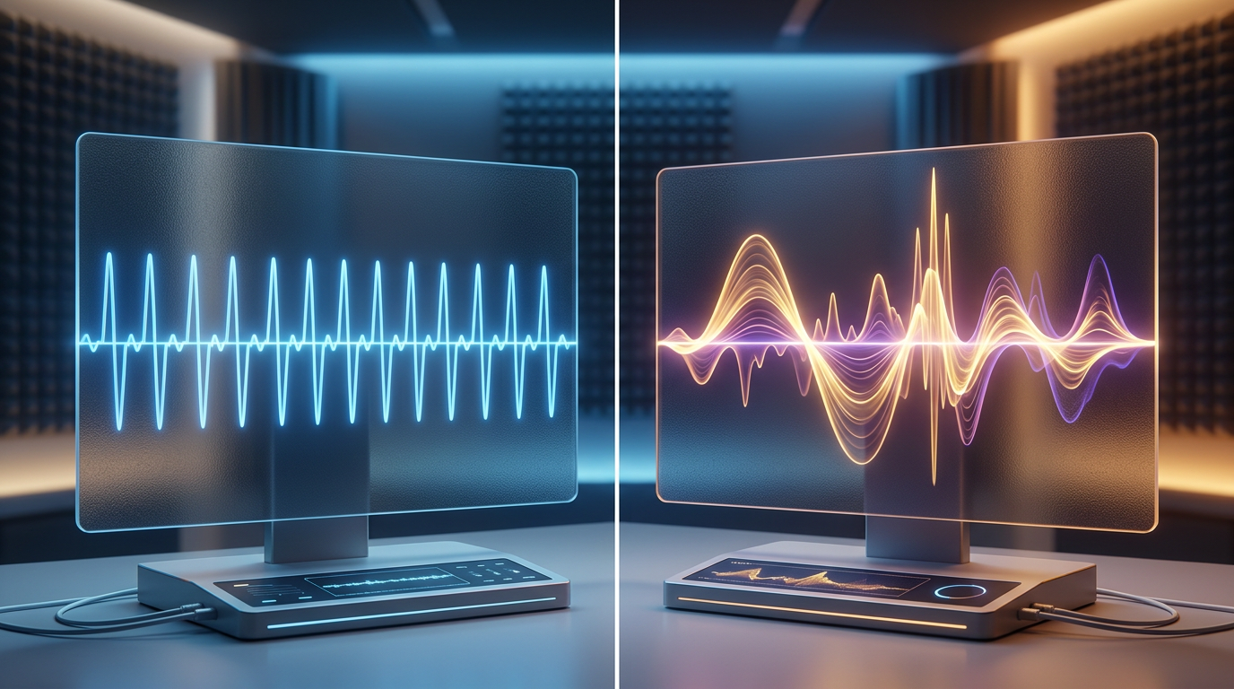 Visual comparison of flat text-to-speech waveforms versus expressive, character-modeled audio waveforms.