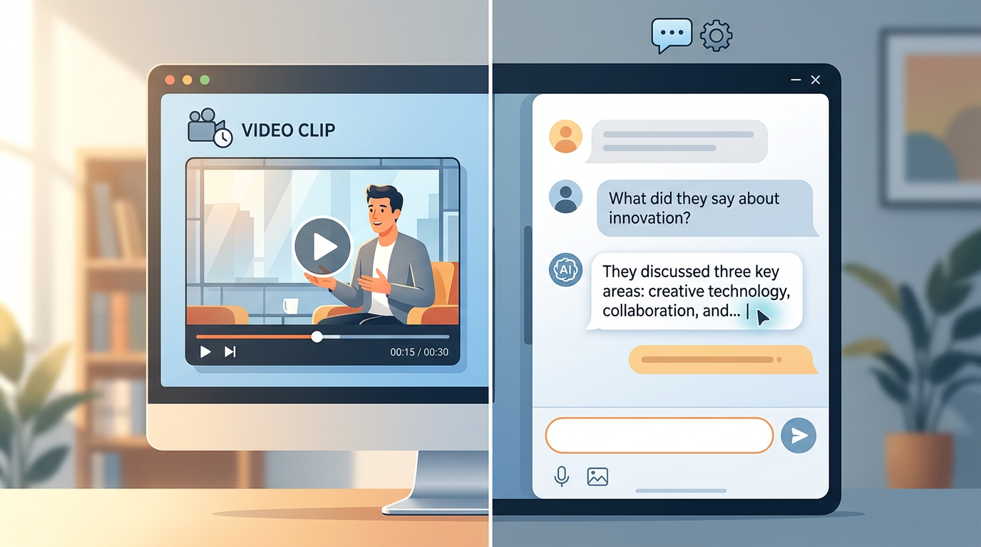 Comparison between static video clips and interactive AI character chat interfaces.