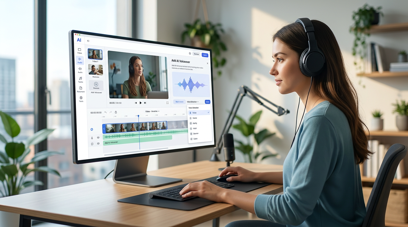 Creator using AI voice generator tools to enhance content production.