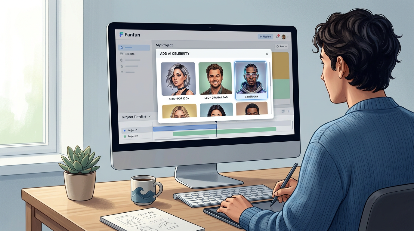 User interface of the Fanfun platform showing various AI character options for content creation.