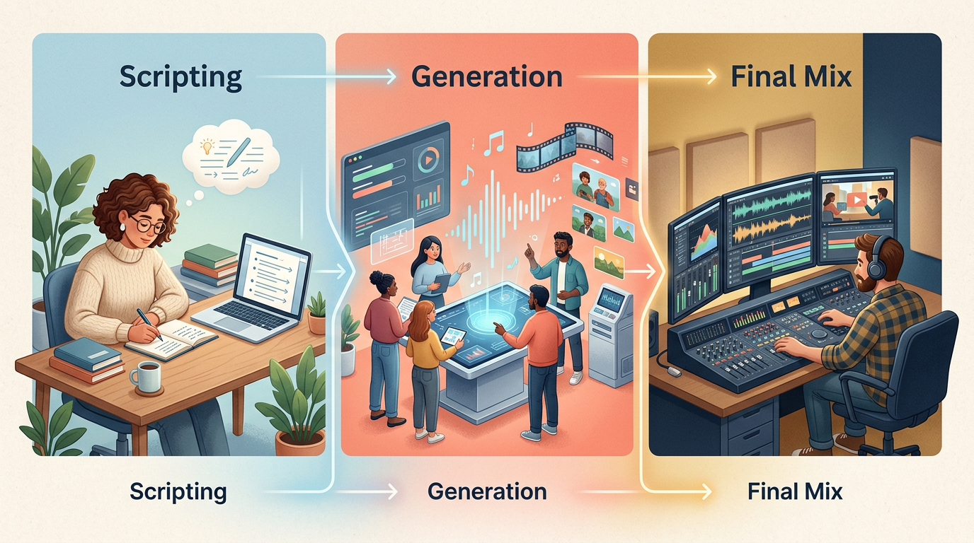 Infographic showing the three steps of the AI voice creative process.