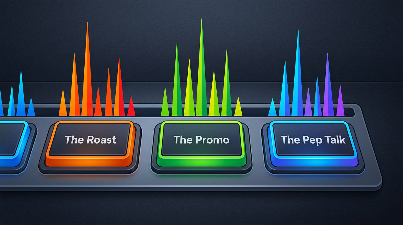 Infographic showing three different audio settings for roasts, promos, and pep talks with colorful equalizer bars.