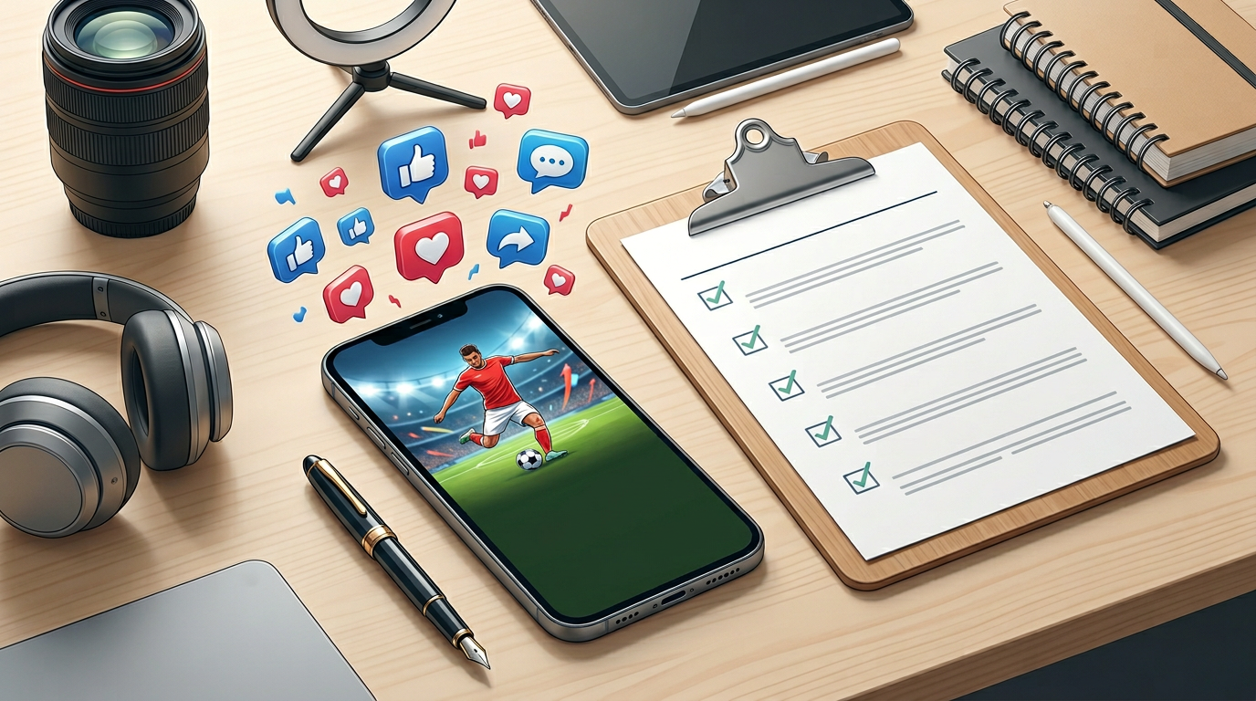 A creator's desk setup with a smartphone showing viral content and floating engagement icons.
