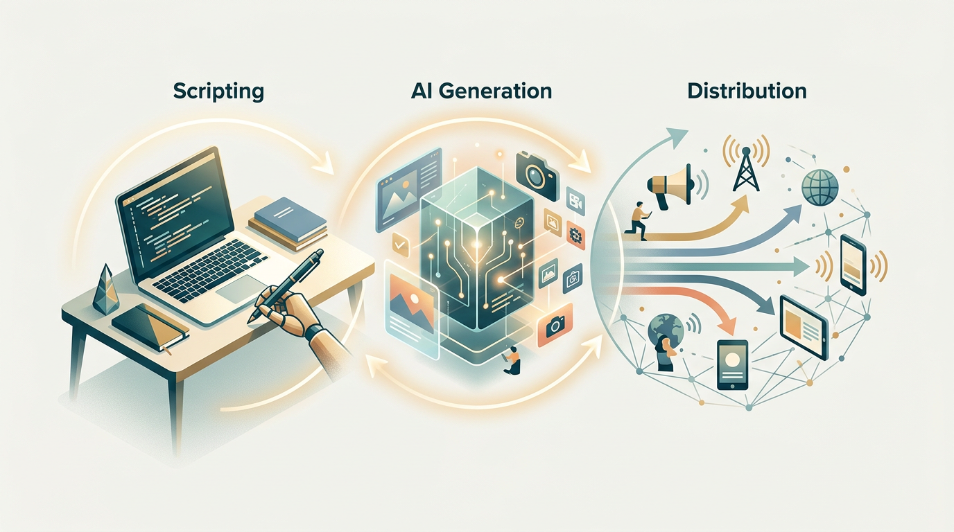 Infographic showing the workflow for AI-assisted content creation.