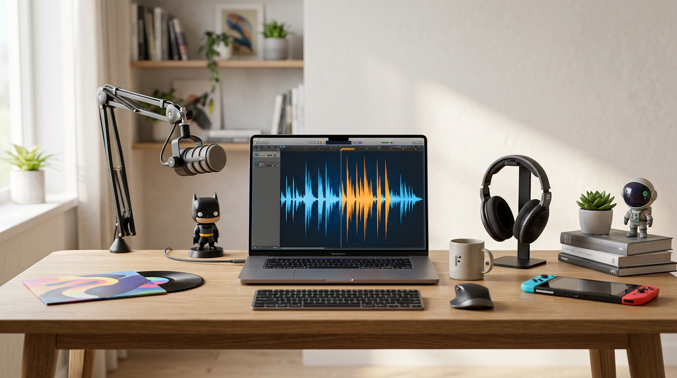 A creative workstation showing AI voice generation software.