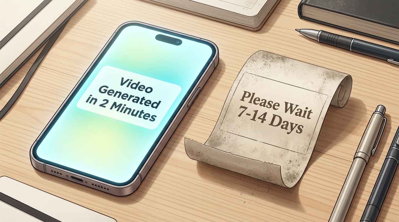 A smartphone showing an instant AI video generation notification next to an old waiting ticket