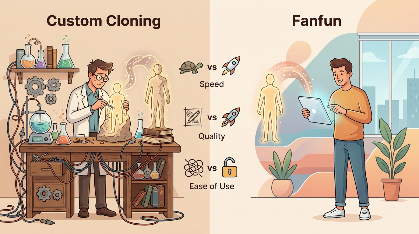 A comparison chart showing the benefits of using Fanfun over DIY voice cloning.