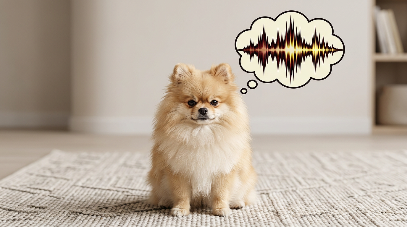 A tiny Pomeranian dog with a thought bubble showing a booming, deep audio waveform.