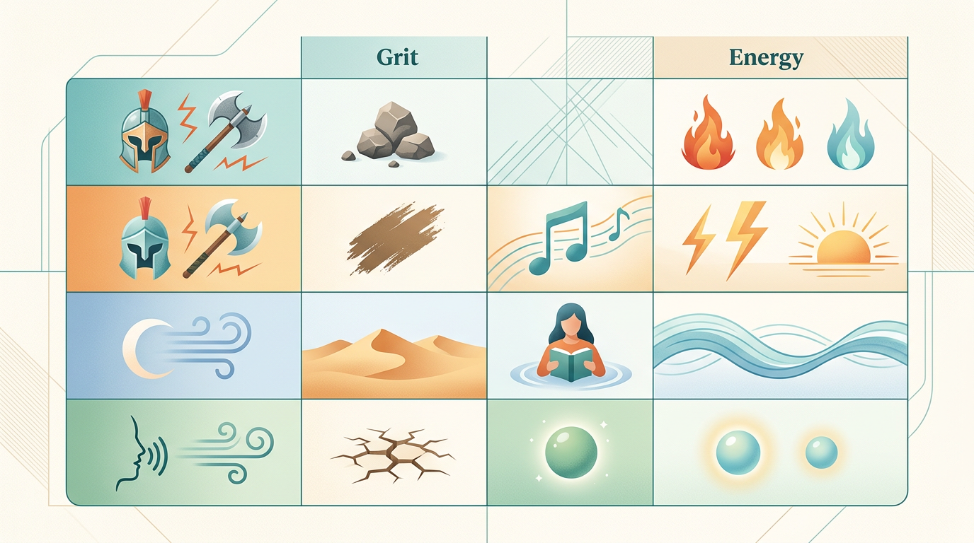 A comparison chart showing voice archetypes based on grit and energy levels.