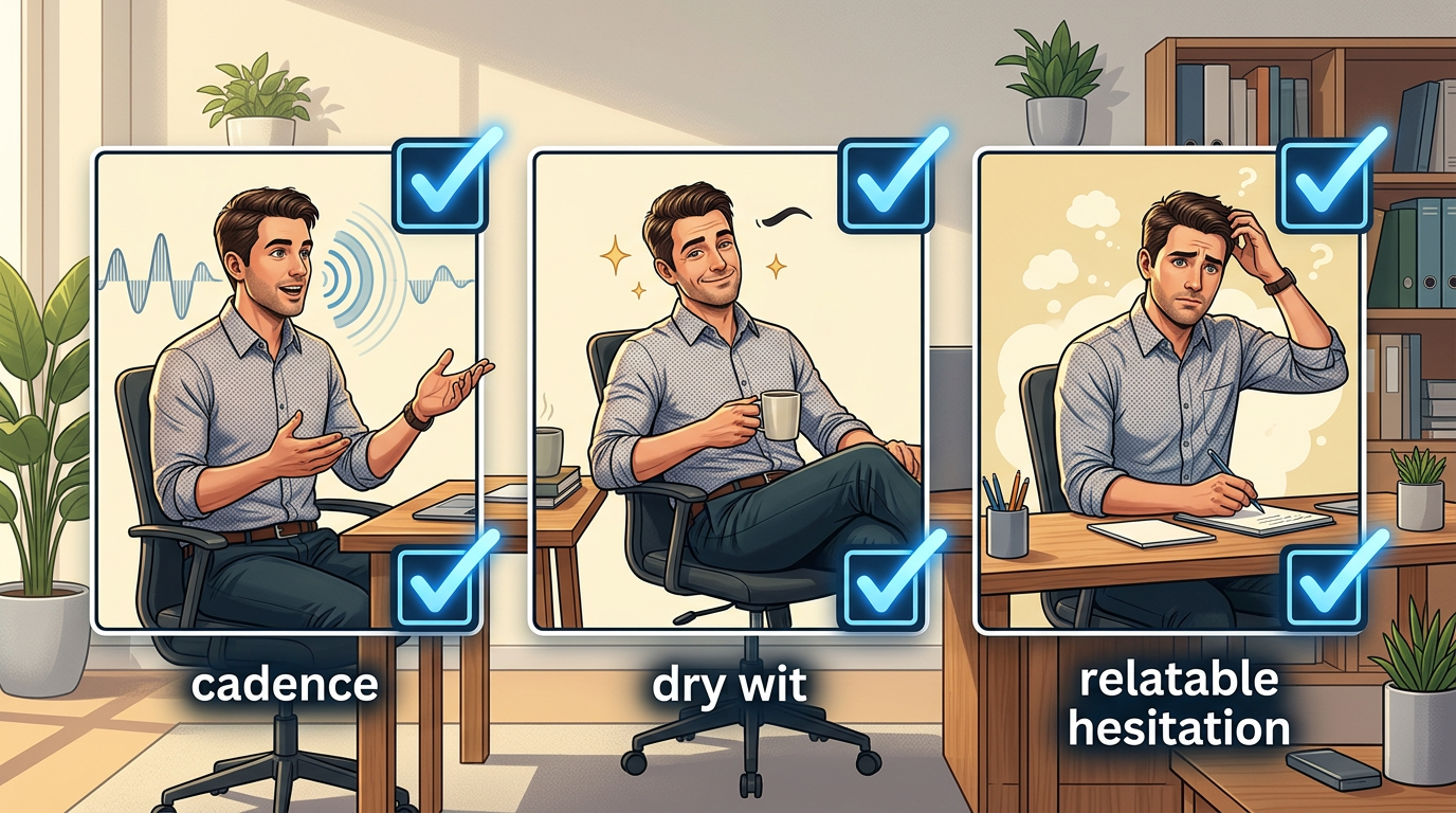 A checklist graphic titled 'The Character Persona DNA' highlighting traits like dry wit and cadence.