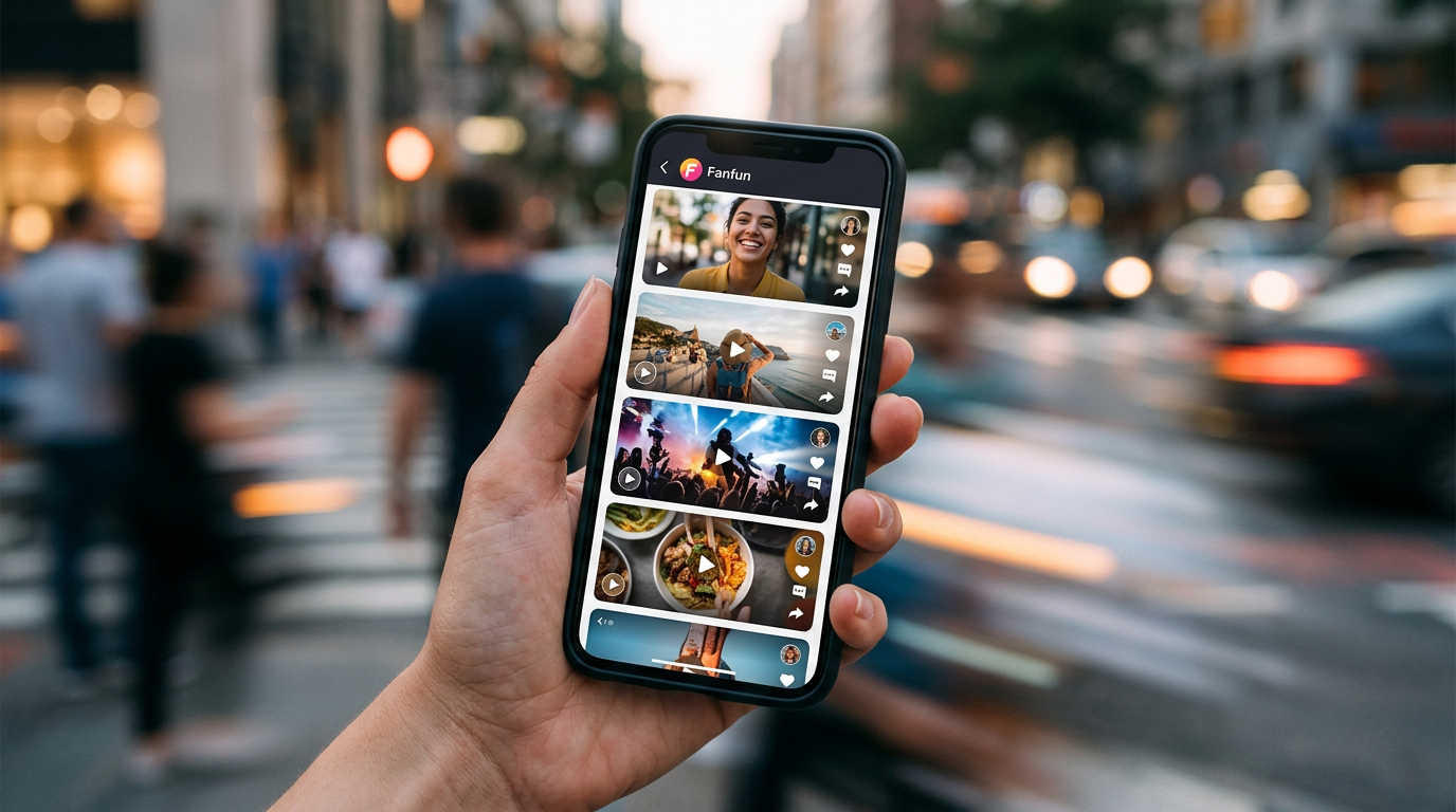 Smartphone screen showing a series of diverse, high-quality AI-generated video thumbnails.