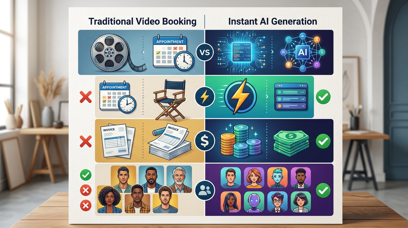 Comparison chart showing the benefits of instant AI video generation over traditional celebrity video bookings.