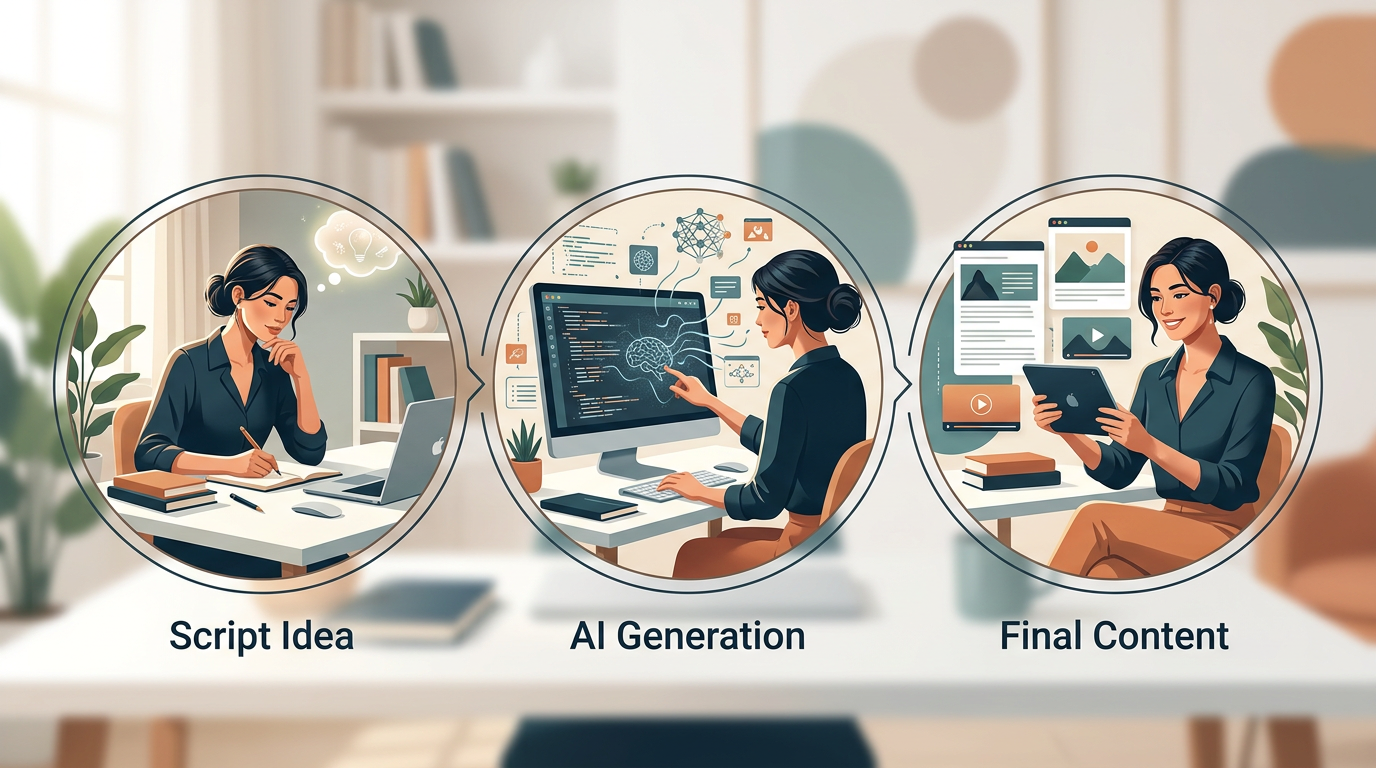 A simple 3-step workflow graphic for creating content with AI personas.